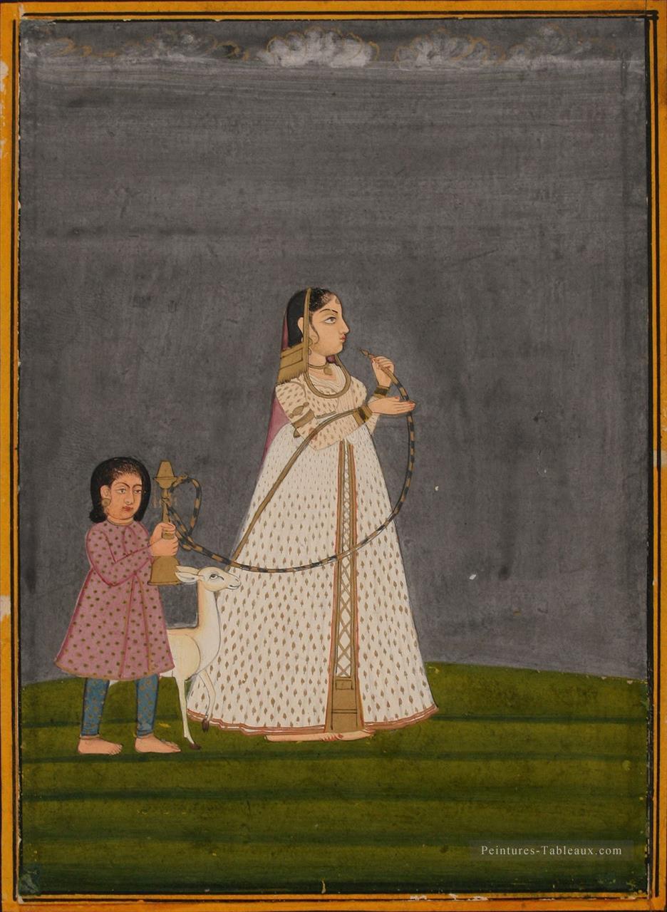 Dame avec huqqa tenue par l’enfant 1800 Inde Peintures à l'huile